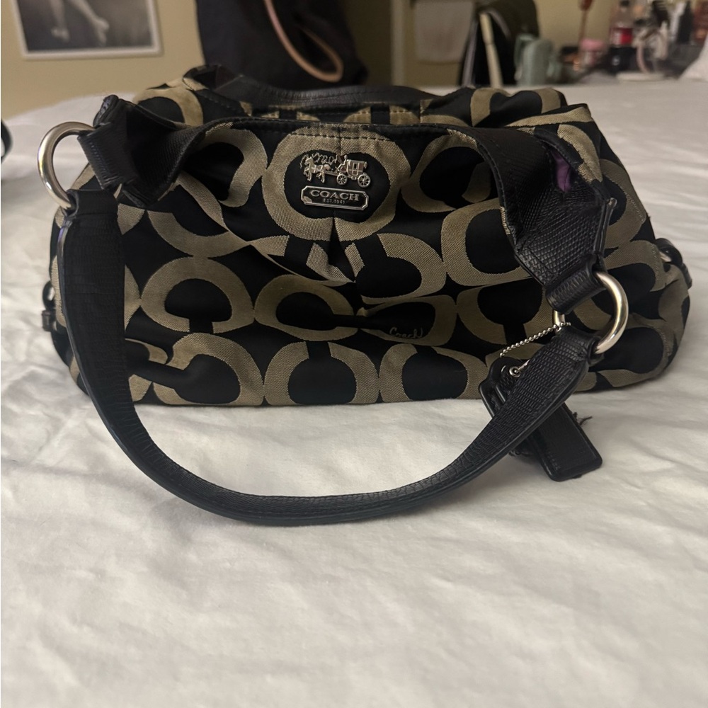 Coach Black and Cream Signature Shoulder Bag